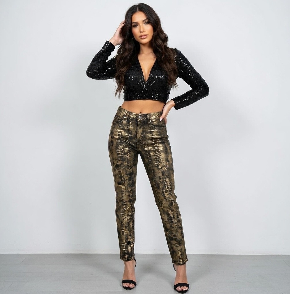 JUST USA Black Label Python Print Jeans Gold Women Size 30 EXC